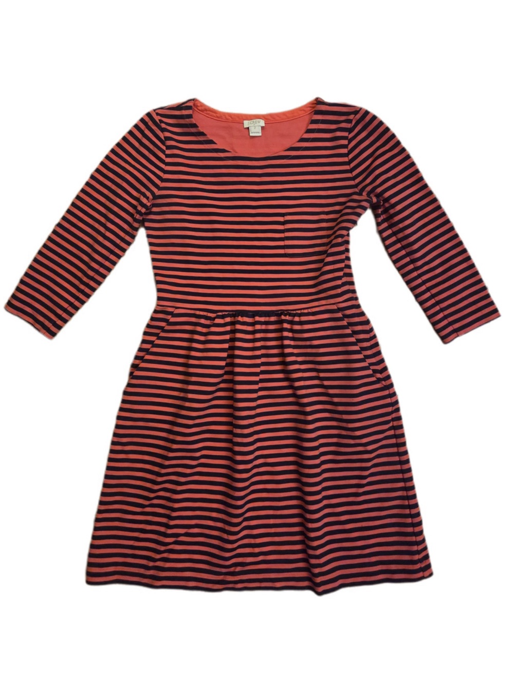 J. Crew Crew Neck Coral and Black Striped Long Sleeve Above Knee Length Dress